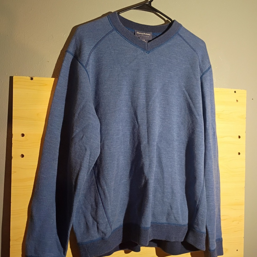 Tommy Bahama Reversible Sweatshirt Men L Blue V-Neck Cotton Slub Raglan Pullover